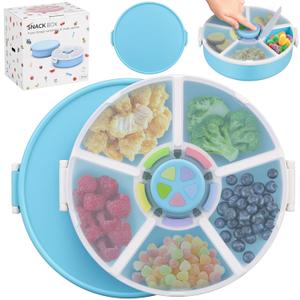 Aimsnk Kids Original Snack Spinner Bundle - Reusable Snack Container with 5 Compartment Dispenser and Lid | BPA and PVC Free | Dishwasher Safe | No Spill, Leakproof,for Toddlers,School (Blue-2Pack)