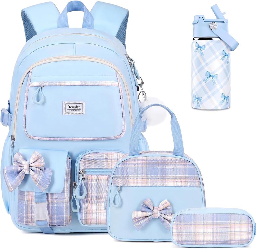 Bevalsa Backpack for Gilrs, Bow Plaid Bookpack with 14oz Insulated Water Bottle, Lunch Bag & Pen Case, Schoolbag for Kids & BPA-FREE Stainless Steel Metal Cup for Elementary Middle Student (Blue)