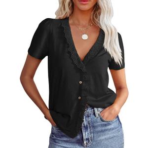 Floral Find Womens Short Sleeve Button Down Tops Casual Summer V-Neck Lace Trim Blouse Cute Tee, Black, X-Large (Black, XL)