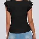 KIRUNDO Summer Sweaters for Women Lightweight 2025 Fall Ruffle Short Sleeve Business Casual Tops Slim Soft Knit T Shirts (Black, S)