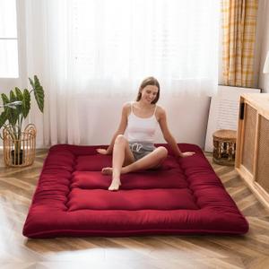 MAXYOYO Japanese Floor Futon Mattress - Thicken Sleeping Pad, Foldable Roll Up Mattress Topper, Guest Floor Couch Mat, Burgundy, Queen