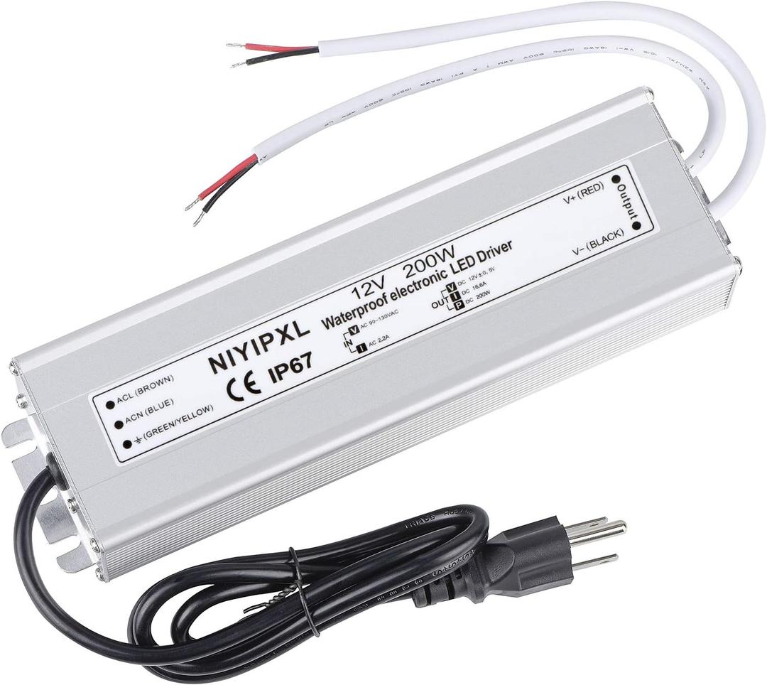 LED Driver 200 Watts Waterproof IP67 Power Supply Transformer Adapter 90V-130V AC to 12V DC Low Voltage Output with 3-Prong Plug 3.3 Feet Cable for LED Light, Computer Project, Outdoor Light