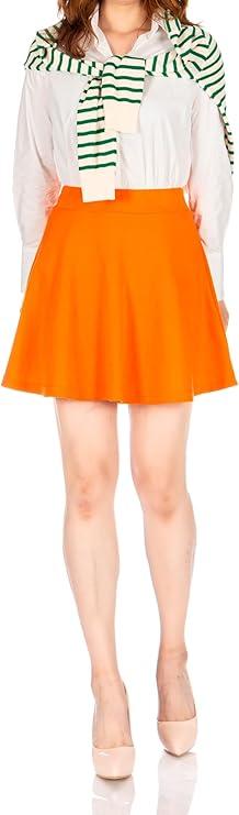 Basic Solid Stretchy Cotton High Waist A-line Flared Casual Skater Mini Skirt, Orange, Small