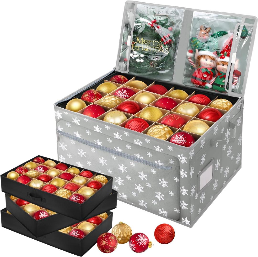 72-4" Large Christmas Ornament Storage Box, 600D Fabric, Christmas Storage Containers, Adjustable Dividers, 3 Individual Trays with Separators, 3 Pocket, Holiday Ornament Organizer(Snowflake)