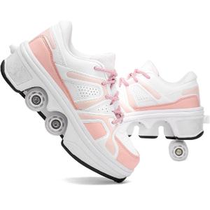 Pairduck Roller Skates for Women - Retractable Roller Shoes 2-in-1 for Indoor & Outdoor Skating with Adjustable Wheels (8, White Pink With Led)