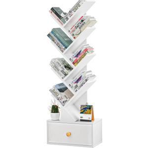 8 Tier Tree Bookshelf with Drawer, Free Standing Wood Bookcase for Living Room, Bedroom, Home Office, Space Saving Storage Organizer Bookshelves for Books, CDs, Vinyl Records- White