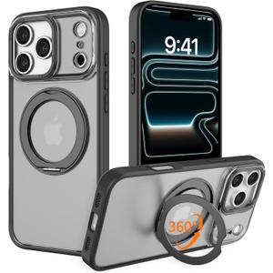 IYH 360 Rotatable Magnetic Case for iPhone 17 Pro Max, Military-Grade Shockproof Phone Cover with Matte Translucent Back(Black)