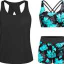 Tempt Me 3 Piece Tankini Swimsuits for Women Athletic Bathing Suits Swim Tank Top with Boy Shorts and Bra Modest Swimwear (Small, Blue Flower)