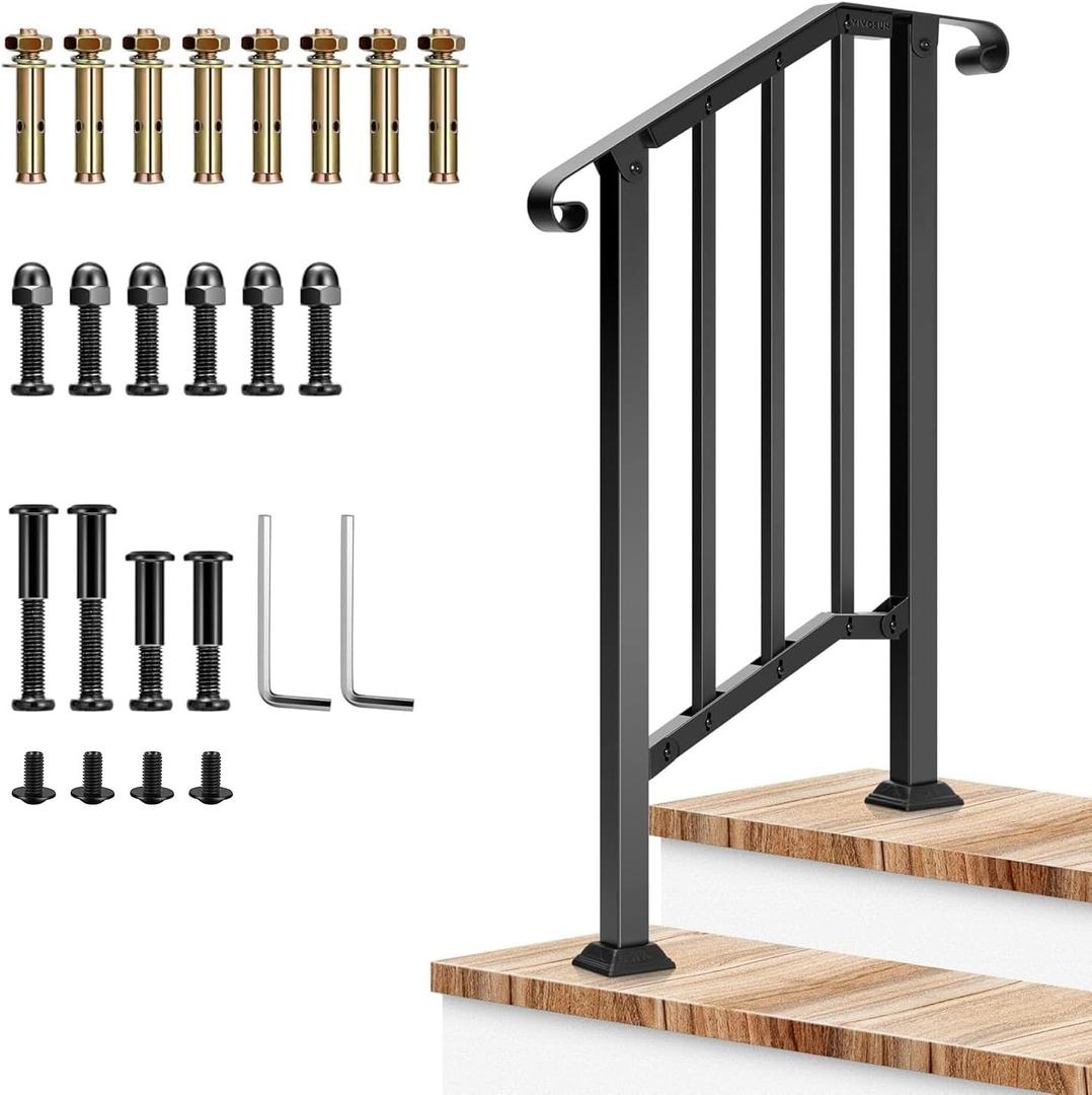 VIVOSUN Outdoor Handrail, 2 Step Stair Handrail, 26" x 36" Fits 1 to 2 Steps, Wrought Mattle Iron Stair Railing with Curved Ends and Balusters for Concrete Steps, Porch Steps, One-step Assembly, Black