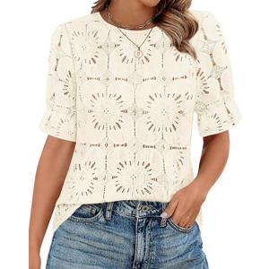 KIRUNDO Lace Tops for Women Blouses Dressy Casual Boho Eyelet Puff Short Sleeve Shirts Spring Summer Clothes Vacation Outfits (Yellow, S)