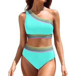 Women High Waisted Bikini Set - One Shoulder Two Piece Swimsuits Color Block Bathing Suits with Swimwear Bottom Size XL