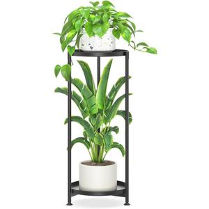 iDavosic.ly 2 Tier Corner Plant Stand Indoor, Tall Vertical Metal Flower Heavy Duty Pot Holder Shelf Outdoor for Patio Porch Living Room, Modern Black - Round