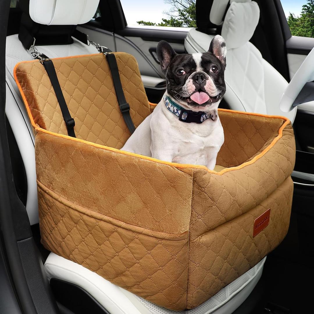 Dog Car Seat for Small Medium Dogs, Memory Foam Dog Booster Seats with Thick Cushion for Dogs Under 35lbs, Detachable Washable Pet Car Seat Travel Bed with Storage Pockets,2 Safety Belt (Coffee)