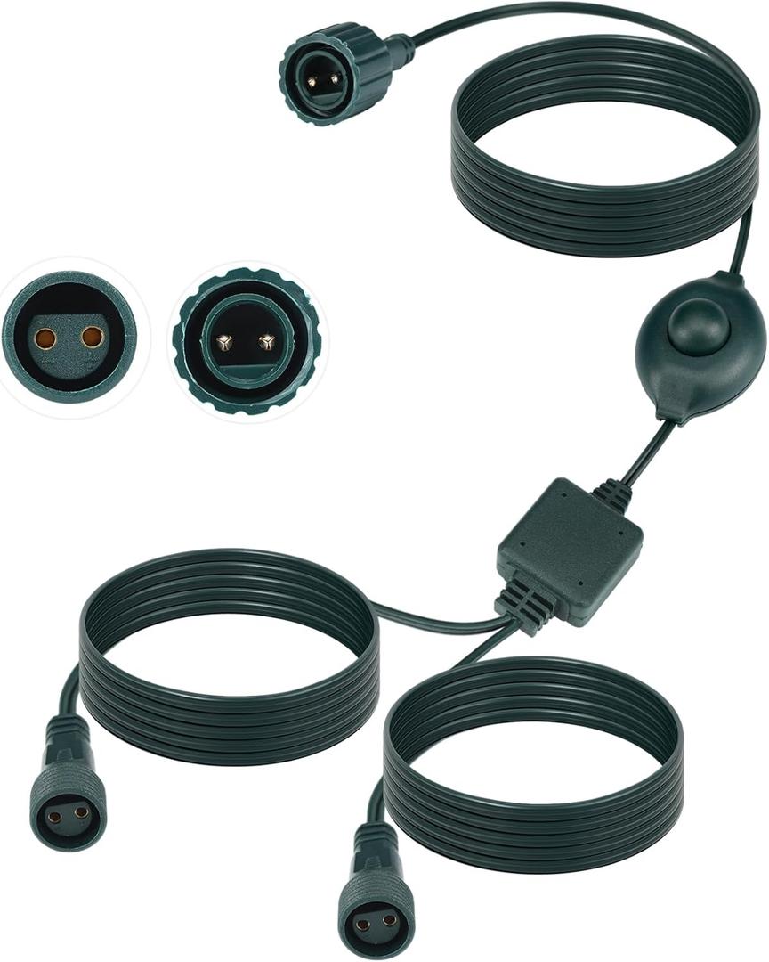 Kanayu 72 Inch 2-Way Splitter Connector for Christmas Lights, Waterproof Christmas Tree Extension Cable Power Cord with Foot Switch for Outdoor/Indoor String Lights Xmas Outlet Extension Cord, 2 Pin