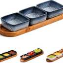 Chip and Dip Serving Set, Ceramic Dipping Sauce Bowls with Wooden Tray, 3.5 inch Side Dishes Set of 3 for Entertaining, Party, Buffets, Appetizers, Snacks and Sushi, Blue