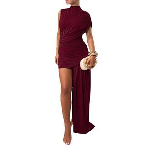 Kwunbwa Women's Sleeveless Ruched Maxi Dress Sexy Irregular Bodycon Casual Elegant Club Party Cocktail Long Dresses Wine XL