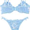 Lilosy Sexy Underwire Cute Push Up Strappy Embroidered Mesh Sheer Lingerie Set See Through Panty Bra (Blue, XS)