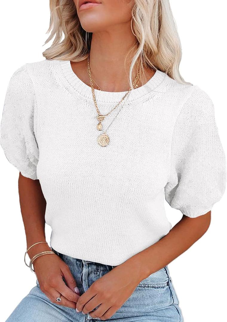 Womens Short Sleeve Sweaters Crewneck Knit Pullover Tops 2025 Summer Casual Lightweight Crochet Blouse Shirt (2-white, Medium)