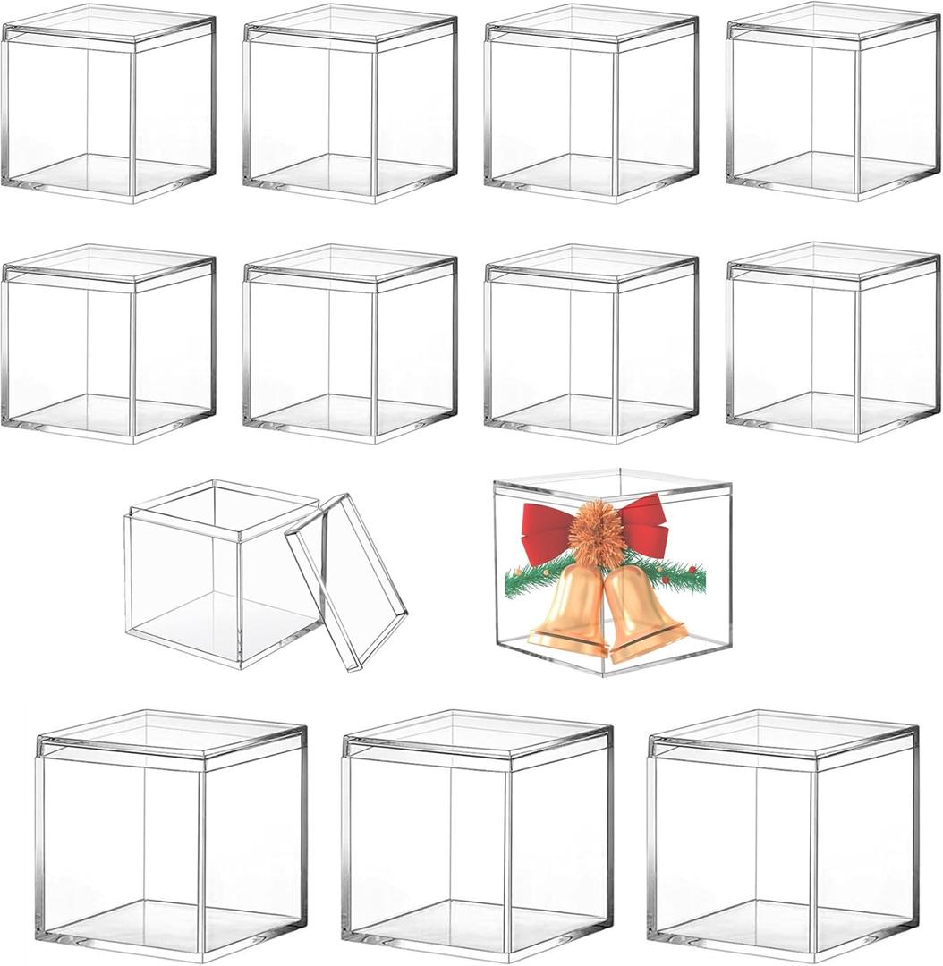 KissYou Acrylic Box Clear Boxes with Lids 12 Packs Acrylic Display Square Cube Wedding Birthday Graduation Party Candy Box Decoration Boxes