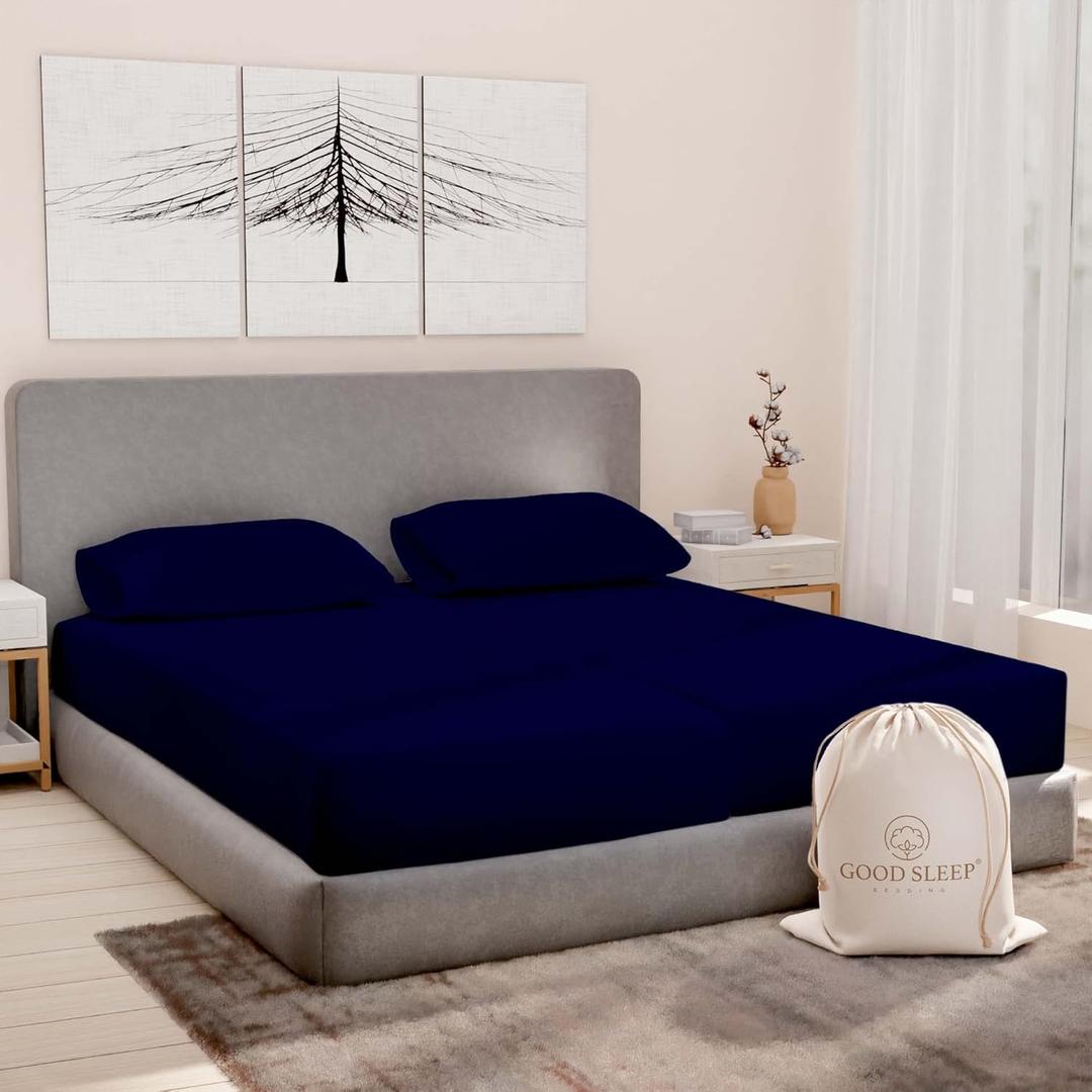 Good Sleep Bedding Split King Cotton Sheets Set for Adjustable Bed - Luxury Egyptian Cotton, 5 Piece, Sateen, 2 Fitted with 16" Deep Pocket, Navy Blue