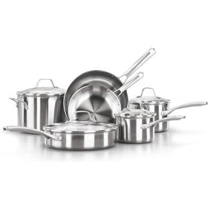 Calphalon Classic Stainless Steel Cookware Set, 10-Piece, Impact-Bonded Aluminum Base, Stay-Cool Handles, Oven Safe 450F, Silver