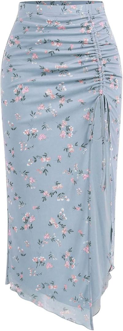Verdusa Women's Floral High Waist Side Slit Maxi Skirt Mesh Drawstring Bodycon Ruffle Hem Long Skirt (XL)