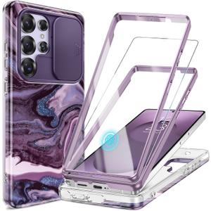 GVIEWIN for Samsung Galaxy S25 Ultra Case, [Slide Camera Cover & Built-in HD Screen Protector] [2 Front Frames] Shockproof Military Grade Protective Marble Phone Case 6.9" (Quicksand/Purple)