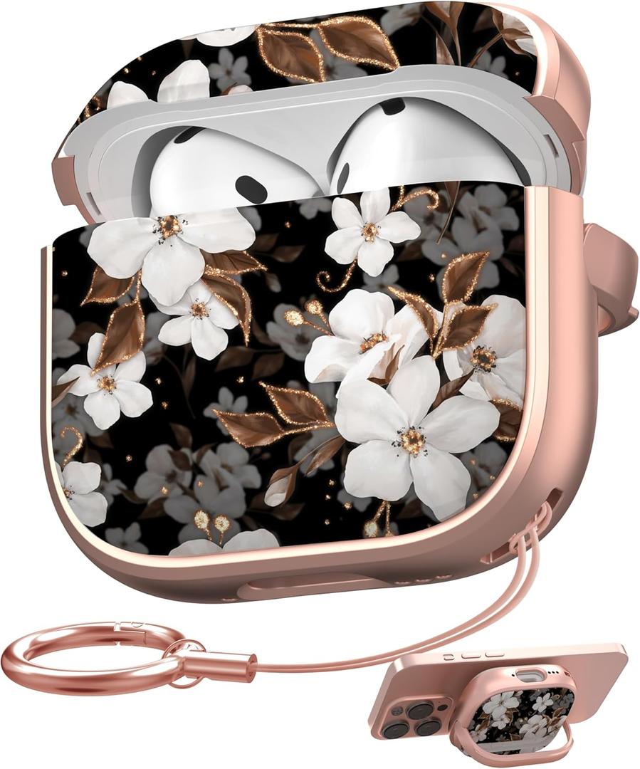 Maxjoy for AirPods 4 Case with Safety Lock, Cute Flower AirPod 4th Generation case Lock Hard AirPod 4 Cover for Women Girly with Keychain for AirPods 4th Generation Cover 2024, Floral (Black + White)