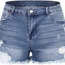 THUNDER STAR Women Mid Rise Ripped Stretchy Jeans Shorts Frayed Raw Hem Casual Denim Shorts (16, Light Blue)