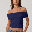 QINSEN Womens Off The Shoulder Tops Double Lined Short Sleeve T Shirts Slim Fitted Stretchy Crop Top (Blue, M)