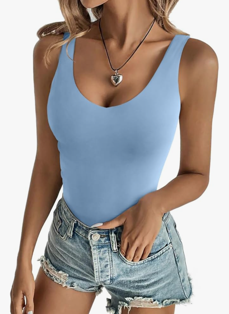 REORIA Butsmooth® Womens Sexy Deep V Neck Backless Sleeveless Double Lined Thong Bodysuits for Going Out S