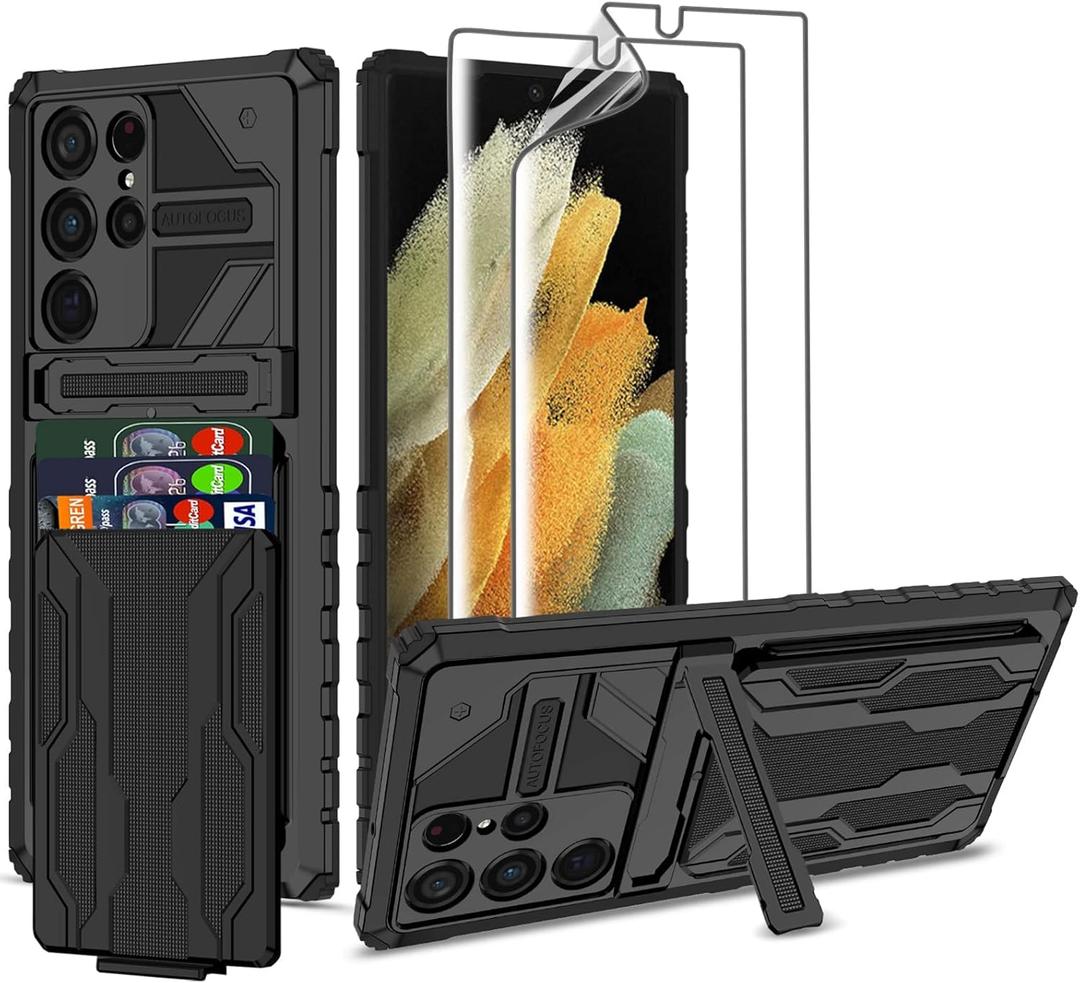 for Samsung Galaxy S22 Ultra Wallet Case with Card Holder, for Samsung S22 Ultra Case with Screen Protector [ Soft 2 Pack ] Military Grade Shockproof Case for Galaxy S22 Ultra 6.8''