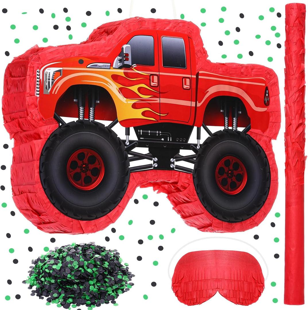 Wettarn Large Truck Piata Birthday Fiesta for Kids Big Construction Piata with Stick Blindfold Confetti Party Supplies for Boys Carnival Event Mexican Decor Games 21.6 x 13.8 x 2.4 Inch(Red)
