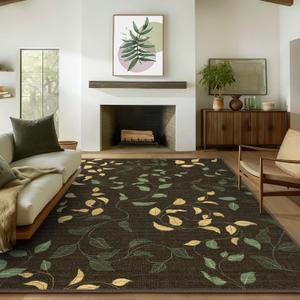 Washable Rugs 5X7 Area Rugs for Living Room, Thin Indoor Chenille Low Pile Rug for Bedroom Rug, Vintage Boho Lightweight Carpet for Dining Room Kitchen Office Floor, Dark Leaf Print