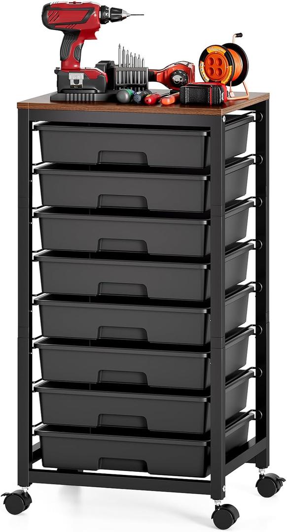 SYKIARIOL Rolling Storage Cart with Drawers,Utility Cart With 8 Drawers and Wooden Tabletop,Rolling Drawer Cart,Storage Drawer Cart for Living Room,Classroom,Bedroom,Bathroom,Dorm,Office, Black