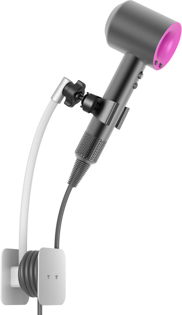 AGVEE Hands Free Hair Dryer Holder Wall Mount, Permanent No Drill Blow Dryer Stand with Strong Clamp, Adjustable Lazy Hair Dryer Bracket with Aluminum Cord Organizer, Silver