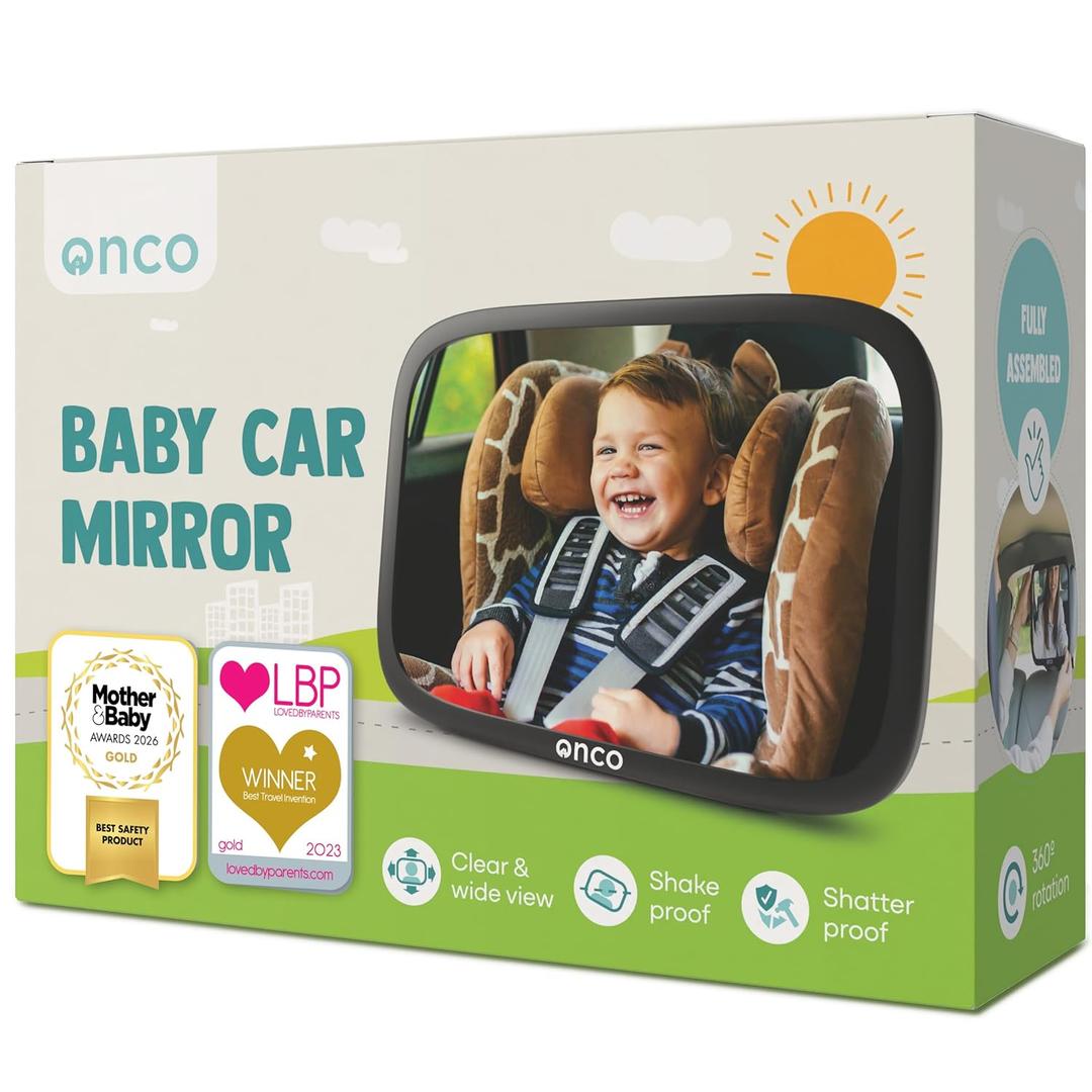 Onco Baby Car Mirror Rear Facing - Double Award-Winning Convex Car Mirror for Baby, 100% Shatterproof & Shakeproof with 360 Rotation, Newborn Essentials (9.6 x 6.9 in)