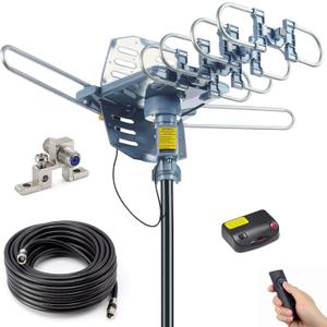 PBD Outdoor Digital Amplified HDTV Antenna, 150 Mile Motorized 360 Degree Rotation, Wireless Remote Control, 59FT RG6 Coax Cable, Coaxial Grounding Block, UHF VHF 1080P 4K, Support 2 TVs
