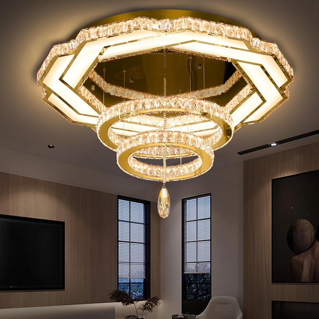 Flashing God Crystal Chandeliers Dia 32" Gold Chandelier Flush Mount Ceiling Light for Bedroom Living Room Dining Room Hallway Dimmable 3 Rings LED Celing Lighting Fixtures Flashing God Crystal Chandeliers Dia 32" Gold Chandelier Flush Mount Ceiling Light for Bedroom Living Room Dining Room Hallway Dimmable 3 Rings LED Celing Lighting Fixtures
