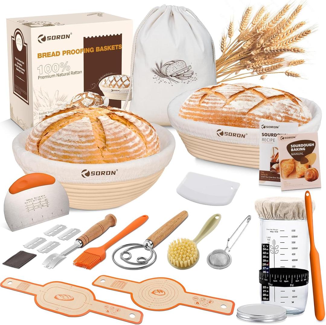 SORON Sourdough Starter Kit, Banneton Bread Proofing Basket with Glass Sour Dough Starter Jar, Sourdough Bread Baking Supplies Tools, 9" Round & 10" Oval Banneton Baskets, Gift Set for Homemade Making