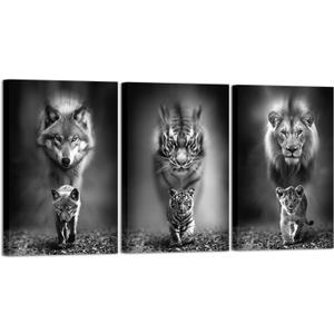 KLVOS Black and White Animal Wall Art Wolf Lion Tiger Parent-child Poster Paintings Canvas 3 Panels Cool Painting Wildlife Artwork Framed Modern Home Office Men Bedroom Decor