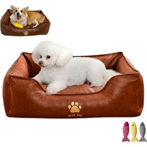 Leather dog small cat bed furniture for Small Medium Size Sofa with Removable Sofa Cushion Non-Slip Base Durable Supportive Furniture Faux Ultra Soft Texture Rectangle Pet with Non-Slip Bottom(Brass,S