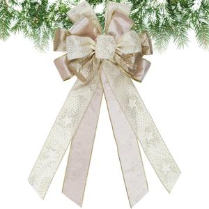 YKW Large Christmas Bow 21"x11" Cream Gold Glitter Tree Topper Wreath Door Holiday Decoration Premium Handmade Velvet Ribbon Indoor Outdoor Home Fireplace Gift Wedding Party Farmhouse Decor