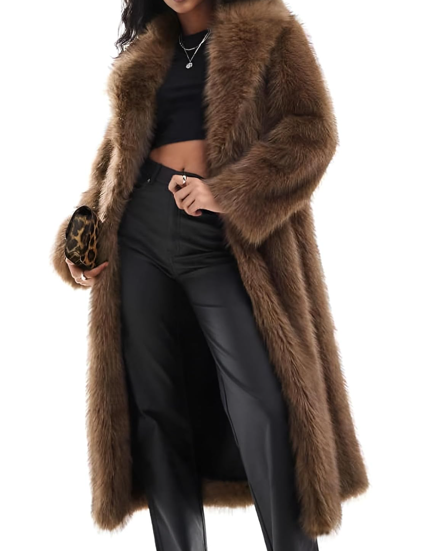Flygo Womens Long Faux Fur Coats Winter Fluffy Open Front Luxury Overcoat Shaggy Lapel Long Sleeve Fuzzy Warm Cardigan Jacket S