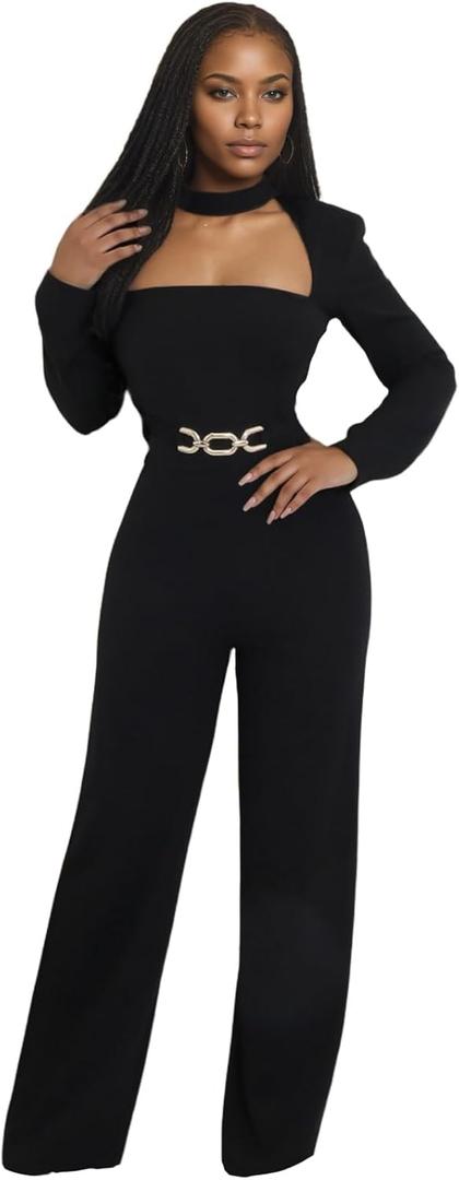 Sexy Sparkly Jumpsuits for Women Formal Elegant Mock Neck Shiny Long Straight Pants Rompers Cocktail Party Outfits (Medium, Black1)