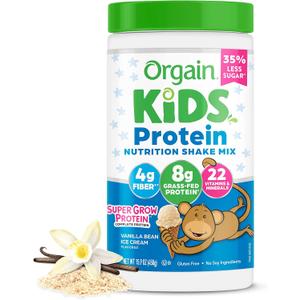 Orgain Kids Protein Powder Shake Mix, Vanilla Bean Ice Cream - 8g Grass-Fed Dairy Protein, 4g Fiber, 22 Vitamins & Minerals, Gluten Free, No Soy Ingredients, Adds Healthy Nutrients to Kids Snacks, 1lb (EXP 10/26/26)