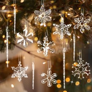 Glass Snowflake Icicle Ornaments for Christmas Tree Decorations - 18Pcs Clear Glass Ornaments Set for Christmas Tree Winter New Year Party Decor Supplies