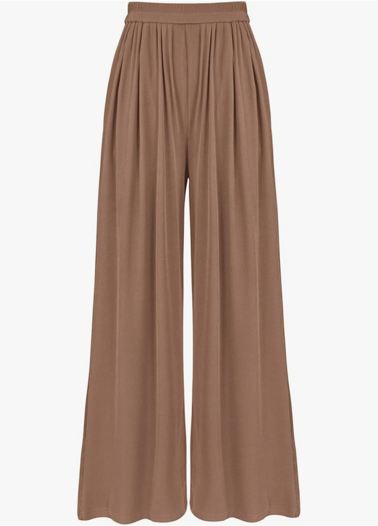 BTFBM Womens Casual Wide Leg Pants Summer Fall Clothes Pleated Elastic Waist Loose Palazzo Knit Trousers with Pockets, M