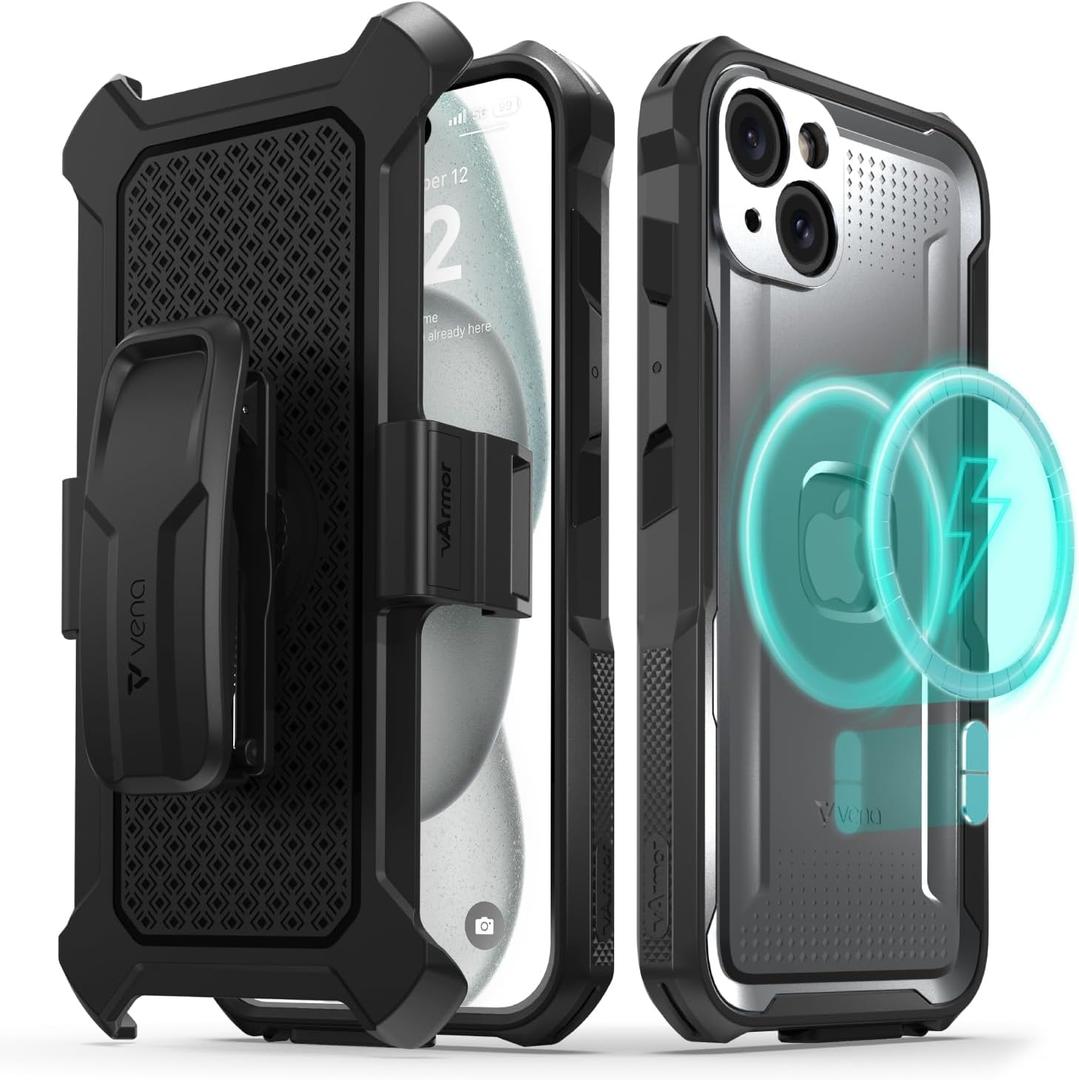 VENA vArmor Rugged Case for Apple iPhone 15 Plus (6.7"), (Military Grade Drop Protection/Armor) Magsafe Compatible and Heavy Duty Holster Belt Clip Cover with Kickstand - Graphite Gray/Black