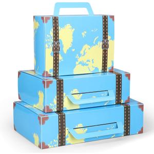 6 Pcs Large Vintage Travel Suitcase Box Travel Party Decorations Paperboard Suitcases Gift Box Decorative Set of 3 Small Stackable Storage Chests Decor for Themed Party Favors (Map,Blue)